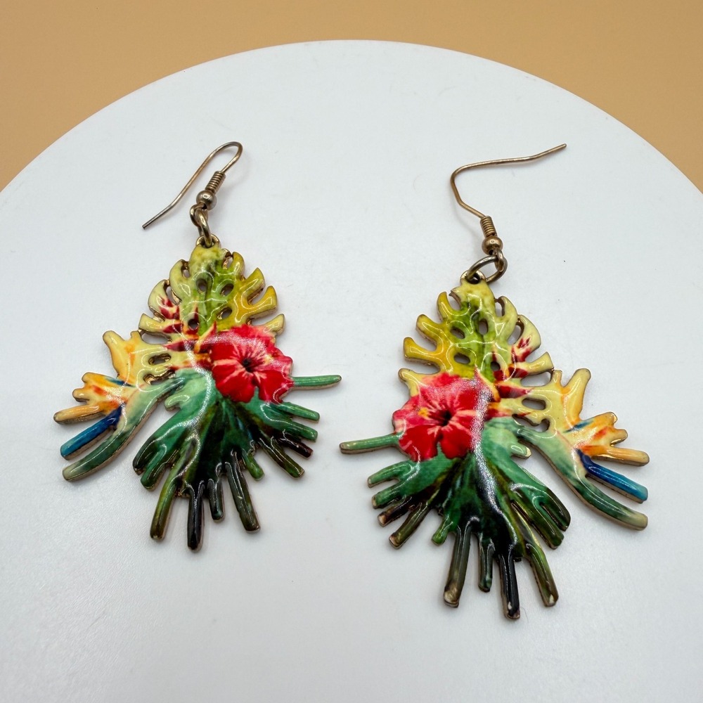 Tropical Hibiscus Flower Leaf Earrings Colorful Boho Statement Festival Jewelry